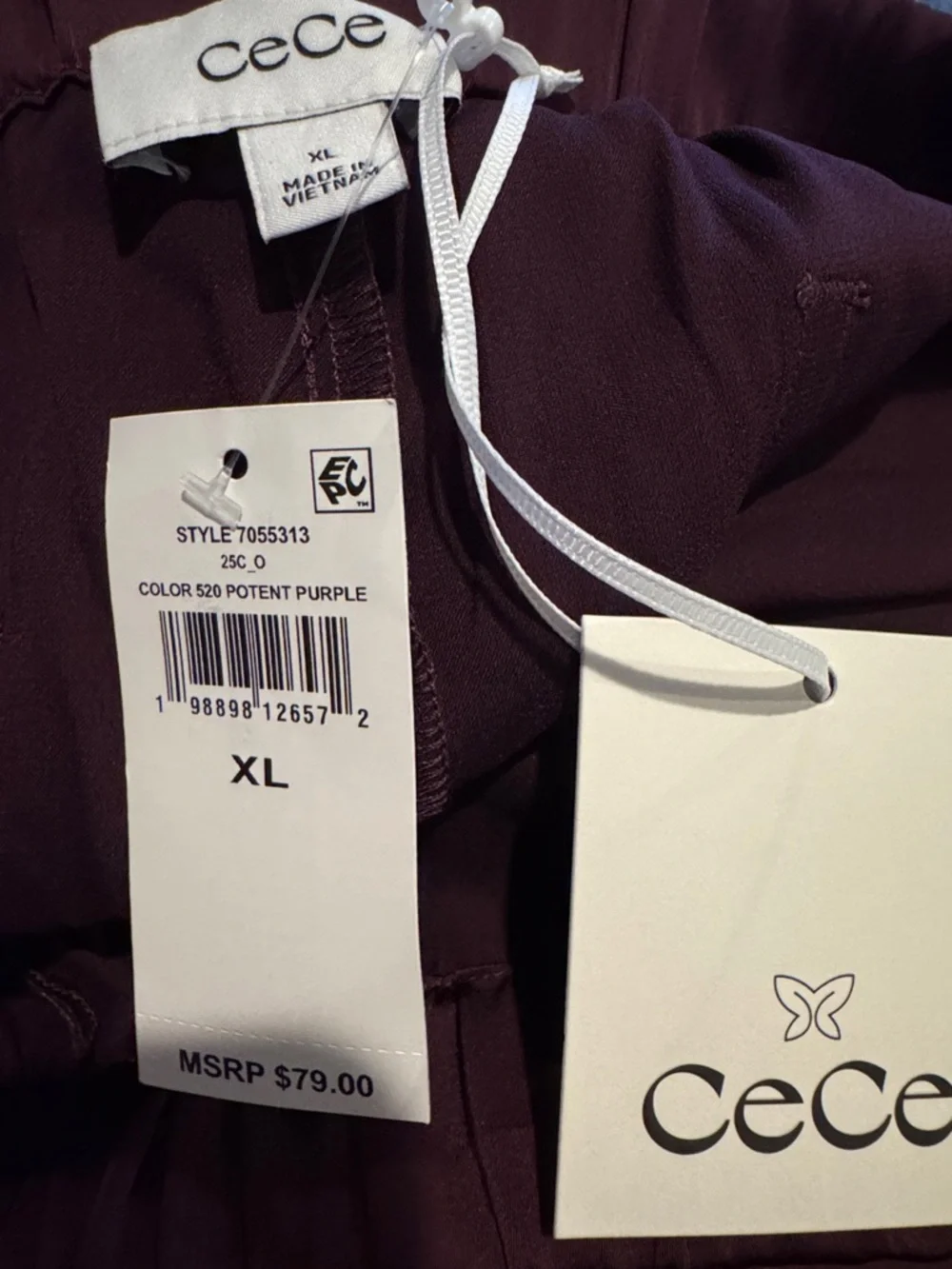 CeCe Straight Leg Elastic Waist Silky Feeling Pants in Deep Plum Size XL